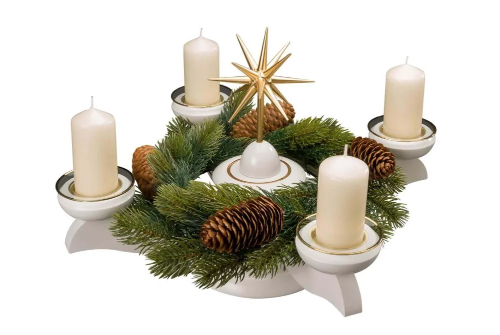 Albin Preißler Adventsleuchter*Adventsleuchter mit Weihnachtsstern und Tannenkranz, weiß von