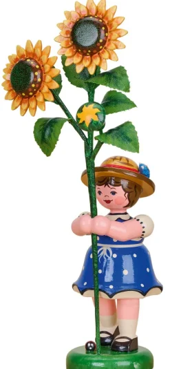 Hubrig Volkskunst Blumenmädchen*Blumenkind Mädchen mit Sonnenblume, 17 cm, Miniatur von Hubrig