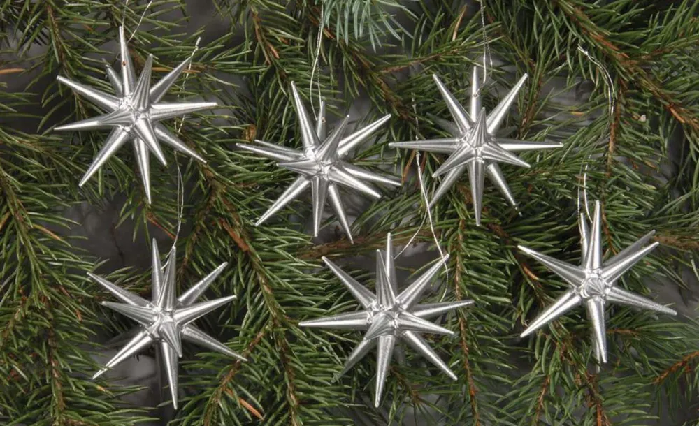 Albin Preißler Christbaumschmuck*Christbaumschmuck aus Holz, Weihnachtssterne silber, 6-teilig von