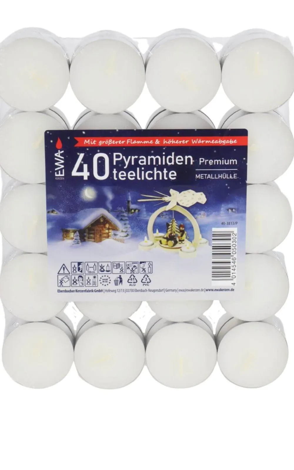 Ebersbacher Kerzenfabrik GmbH Teelichter*EWA Pyramidenteelichter in Metallhülle, Premium 40 Stück