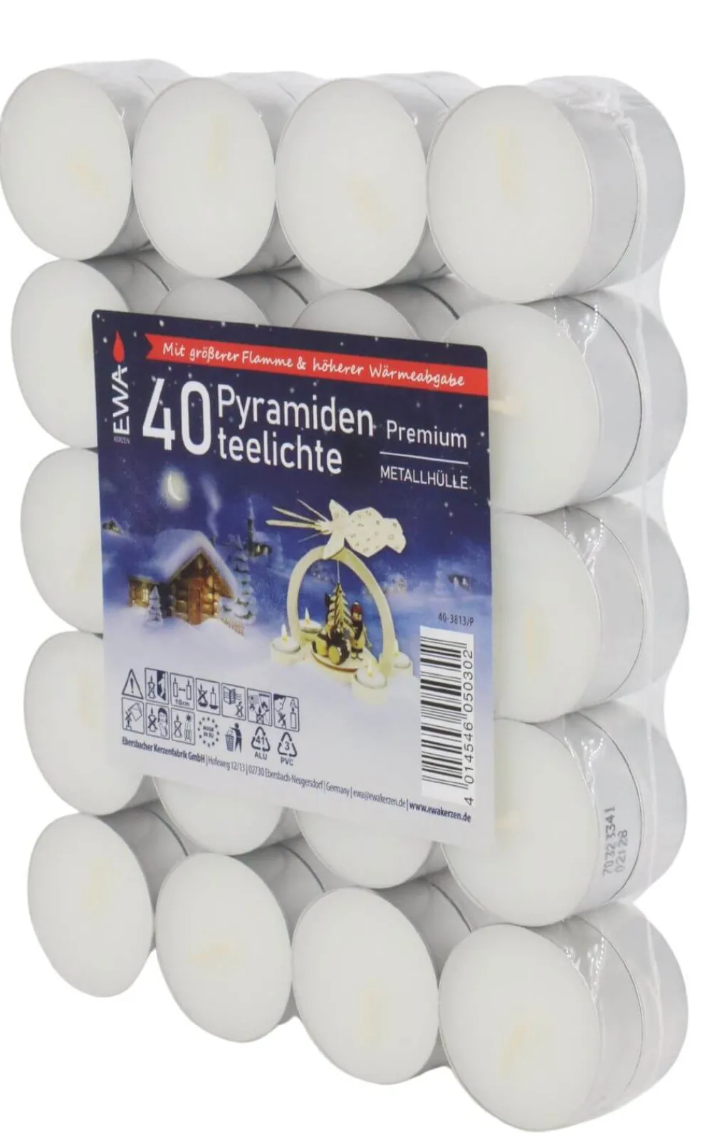 Ebersbacher Kerzenfabrik GmbH Teelichter*EWA Pyramidenteelichter in Metallhülle, Premium 40 Stück