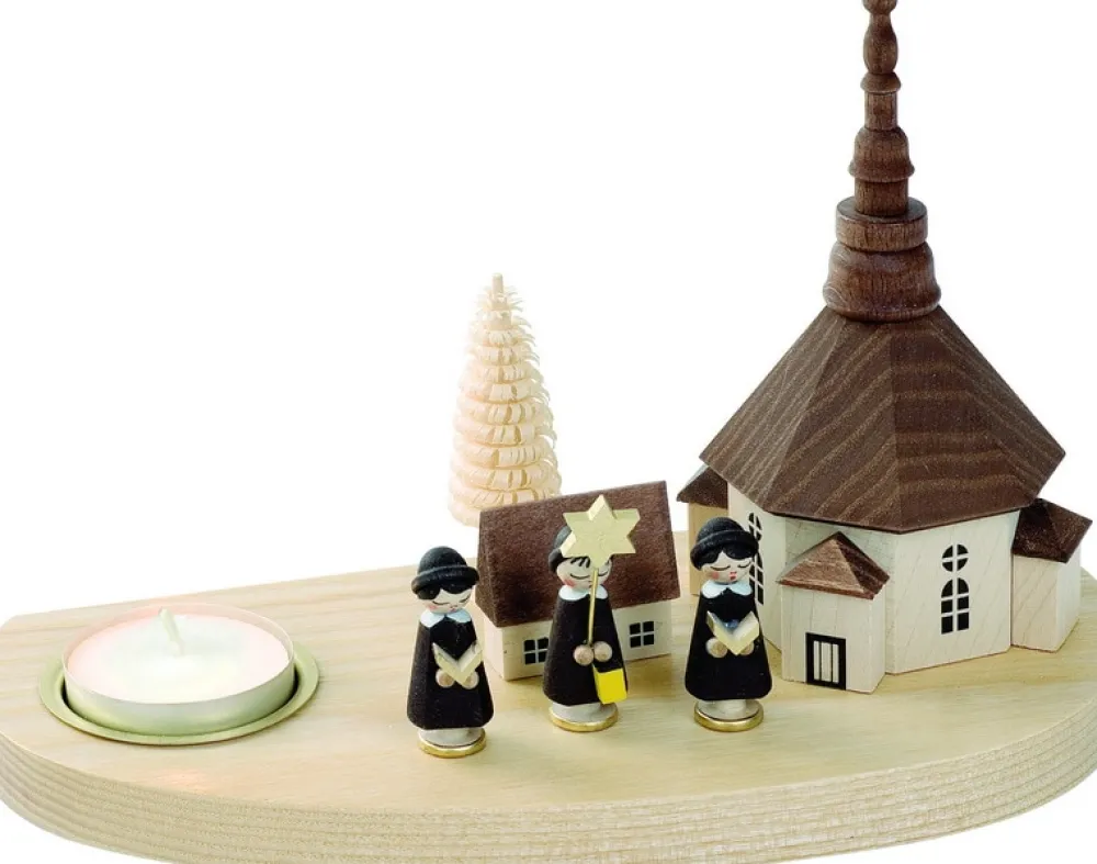 Richard Glässer GmbH Neuheiten | Kerzenhalter Weihnachten*Kerzenhalter für Teelichte mit Seiffener Kirche und Kurrende, 16 cm, von Richard Glässer