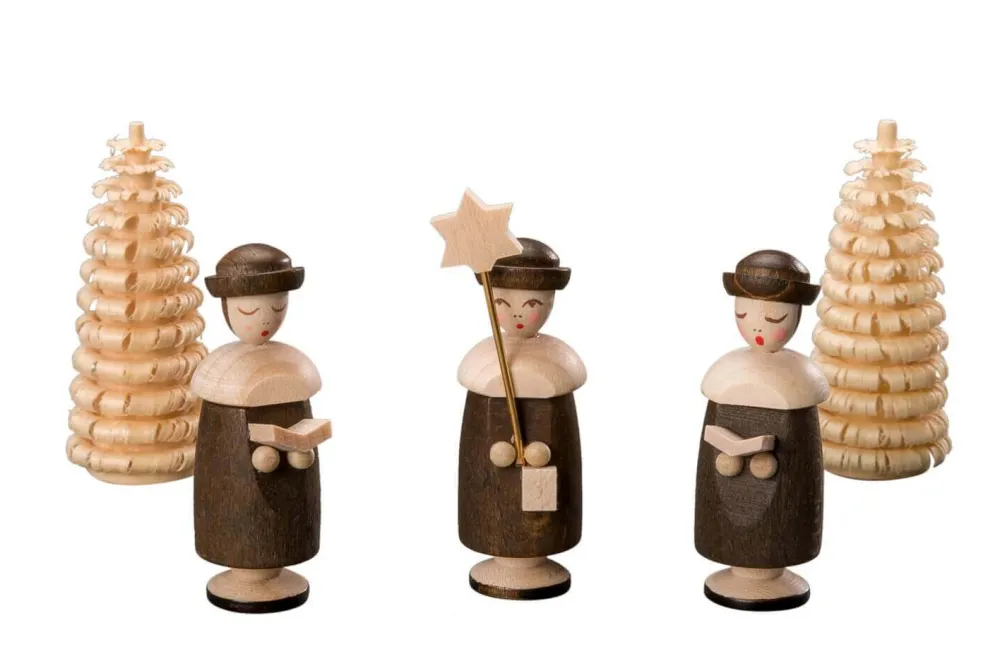 Albin Preißler Weihnachtsfiguren*Kurrendefiguren mit Hut, 3 Stück und 2 Ringelbäumchen, von