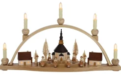 Knuth Neuber Schwibbogen*LED Schwibbogen Seiffener Kirche mit beleuchteten Häusern, 54 cm von