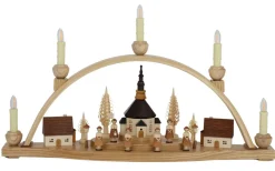 Knuth Neuber Schwibbogen*LED Schwibbogen Seiffener Kirche mit beleuchteten Häusern, 54 cm von