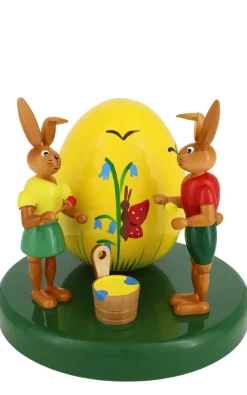 Holzkunst Gahlenz Osterhasen*Osterhasenpaar mit großem gelben Ei, 13 cm von