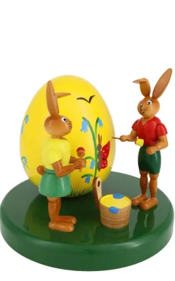 Holzkunst Gahlenz Osterhasen*Osterhasenpaar mit großem gelben Ei, 13 cm von