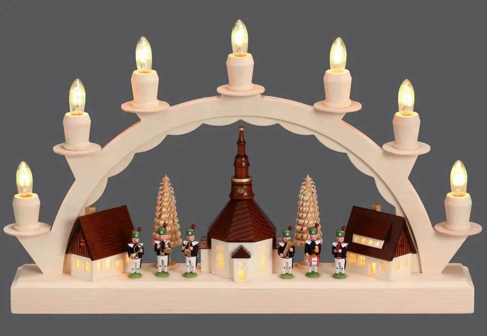 SEIFFENcom by Nestler GmbH Schwibbogen*Schwibbogen Seiffener Dorf mit Bergmannskapelle von SEIFFEN.COM