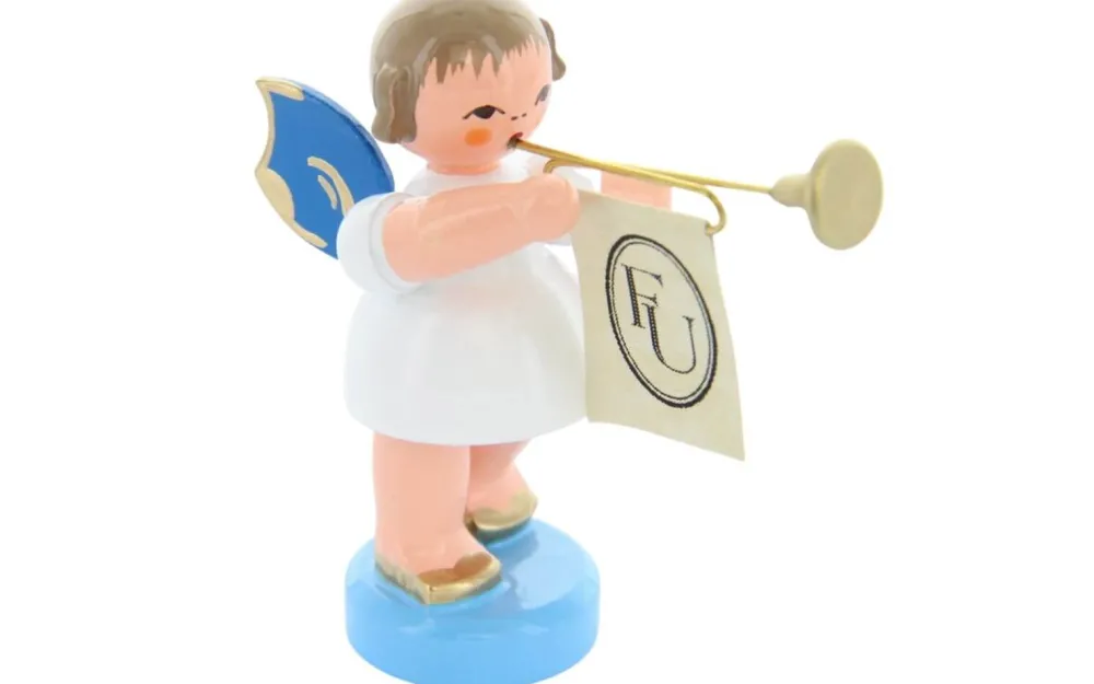 Figurenland Uhlig GmbH Weihnachtsengel*Weihnachtsengel stehend mit Fanfare und blauen Flügeln von