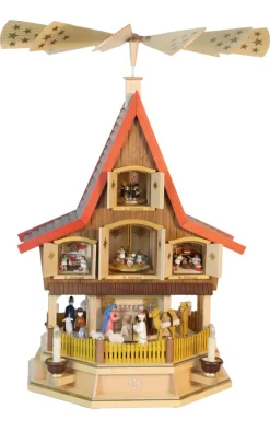 Richard Glässer GmbH Einzelstücke | Auslaufartikel*Weihnachtspyramide 3 - stöckiges Adventshaus mit Heiliger Geschichte, 77 cm von Richard Glässer