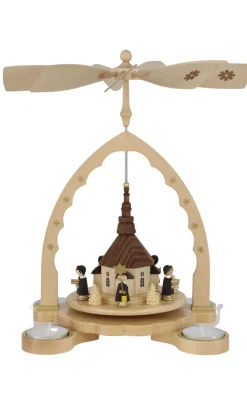 Richard Glässer GmbH Neuheiten | Weihnachtspyramiden*Weihnachtspyramide für Teelichte mit Seiffener Kirche und Kurrende von Richard Glässer